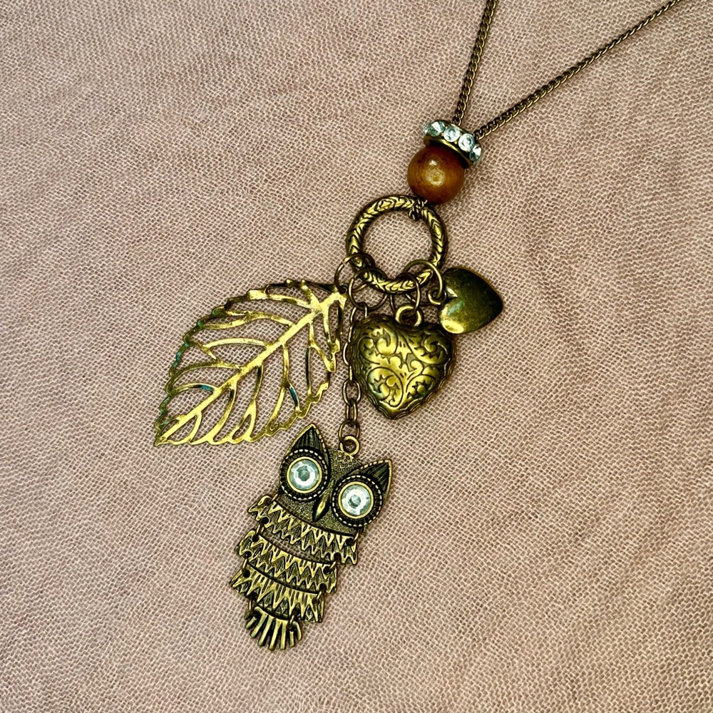 Boho Bronze Owl and Leaf Charm Statement Necklace